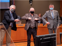 Mayor Leonard Krog, John Elliot and CAO Jake Rudolph