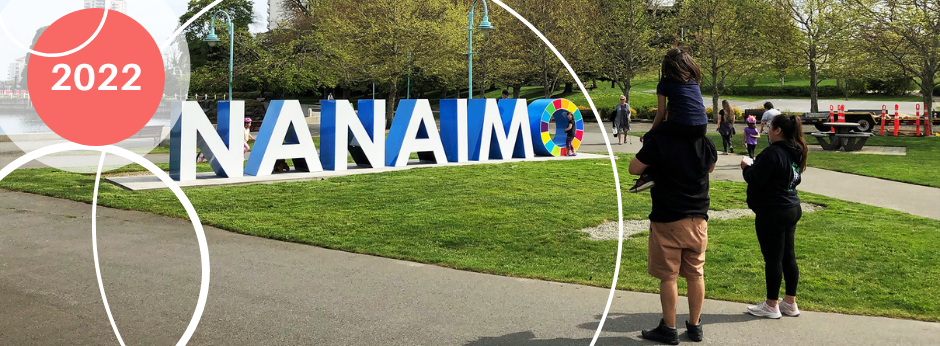 A family of three (dad with child on shoulders and mom beside dad) looks toward the Nanaimo sign in Maffeo Sutton Park. White and salmon coloured graphic circles overlay the image.