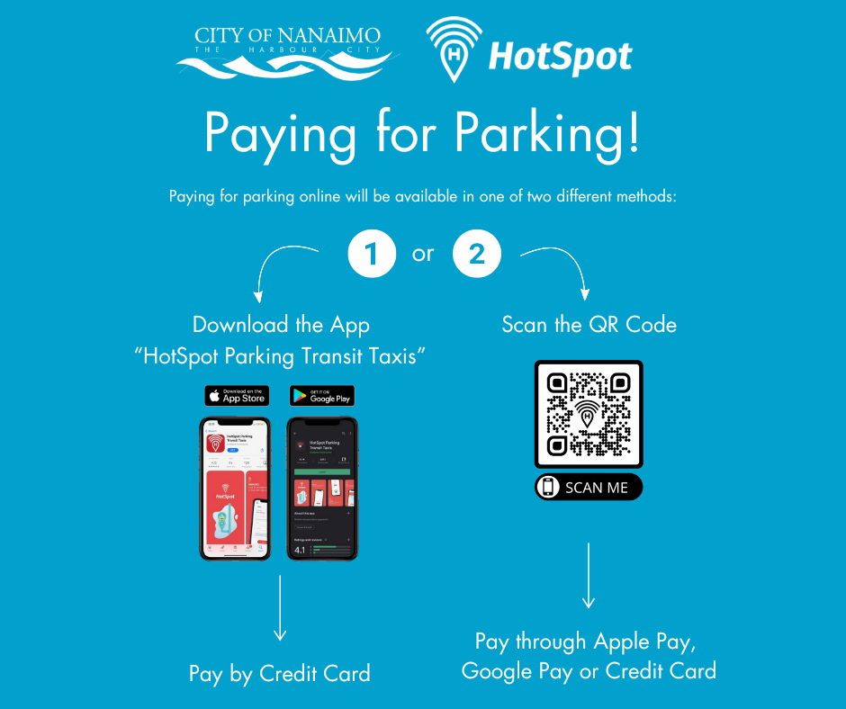 Paying for parking online will be available in one of two different methods: Download the App HotSpot Parking Transit Taxis or scan the qr code to Pay through Apple Pay, Google Pay or Credit Card 