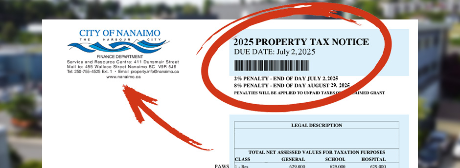 A City of Nanaimo 2025 Property tax notice with the due date of July 2, 2205 circled in red and a red arrow pointing to the methods of payment.