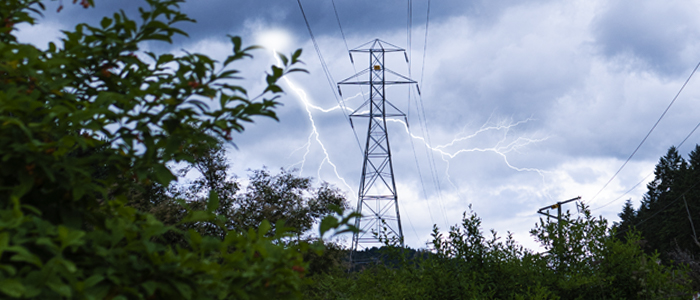A lightning bolt courses through the sky behind a power line tower