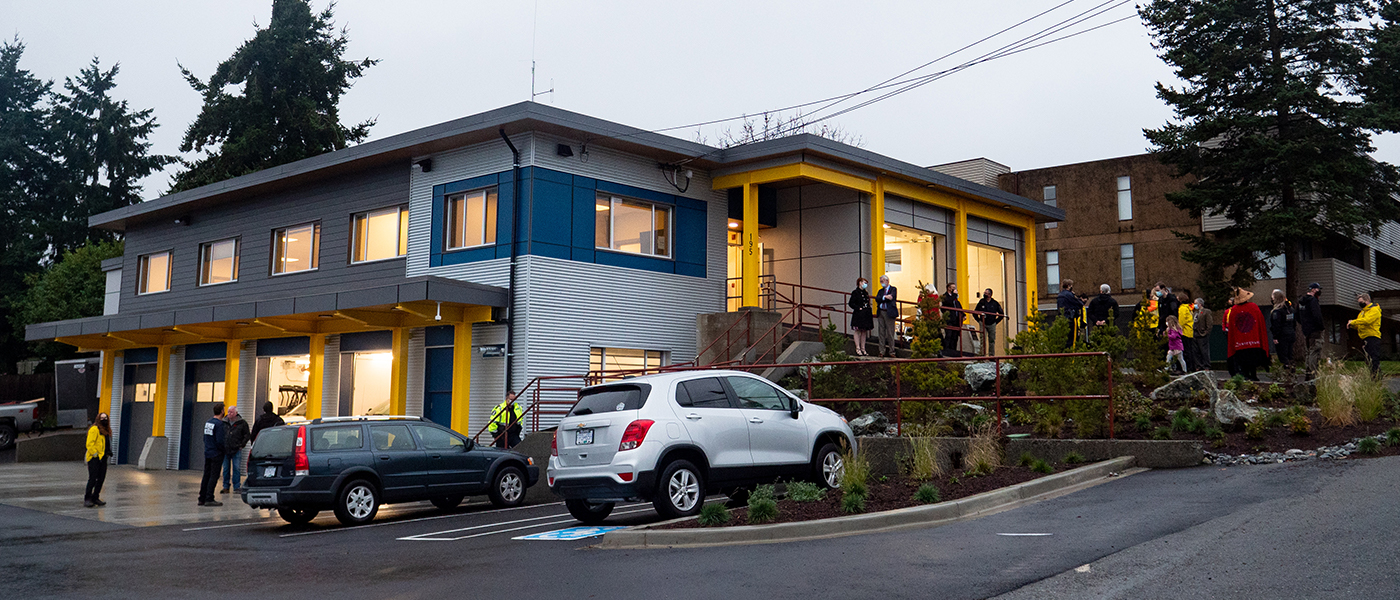 A photo of the new Search and Rescue building on 4th Street, Nanaimo, with a crowd out front