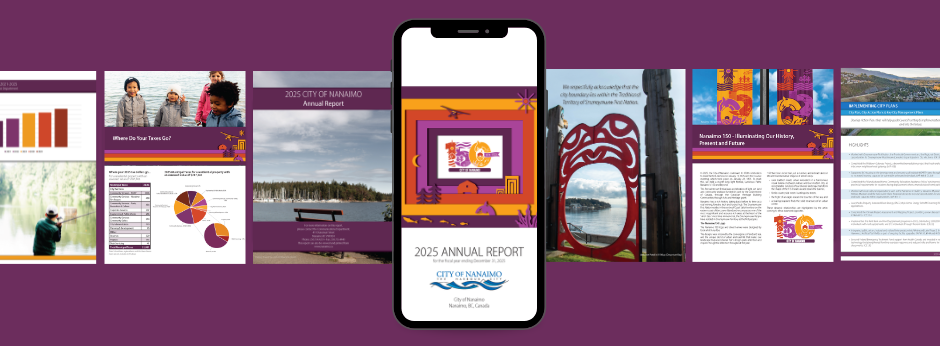 2025 City of Nanaimo annual report cover displayed on a smartphone with various report pages in the background.