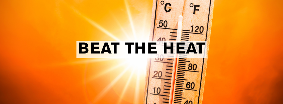 Thermometer showing high temperatures against a bright orange sunburst background with the phrase 'BEAT THE HEAT'.