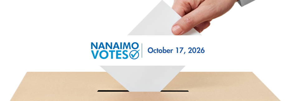 A ballot being placed in a voting box with Nanaimo Votes October 17, 2026 overlaid.