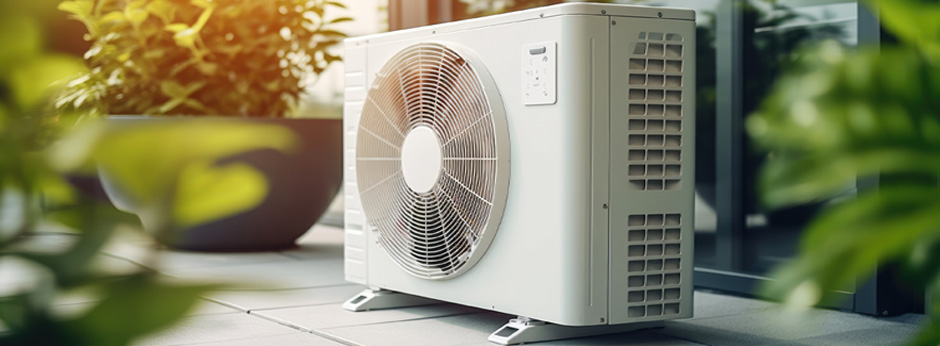 A simple heat pump fan sits outside on a patio with soft focus green plants