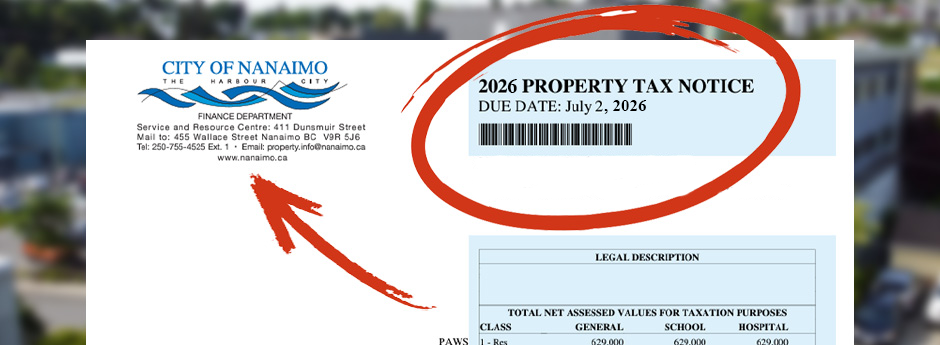 City of Nanaimo 2024 property tax notice with due date July 2 and contact details for the finance department.