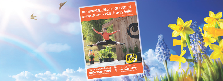 A cover image of the Spring and Summer Recreation guide over a backdrop of blue sky, clouds and daffodils.