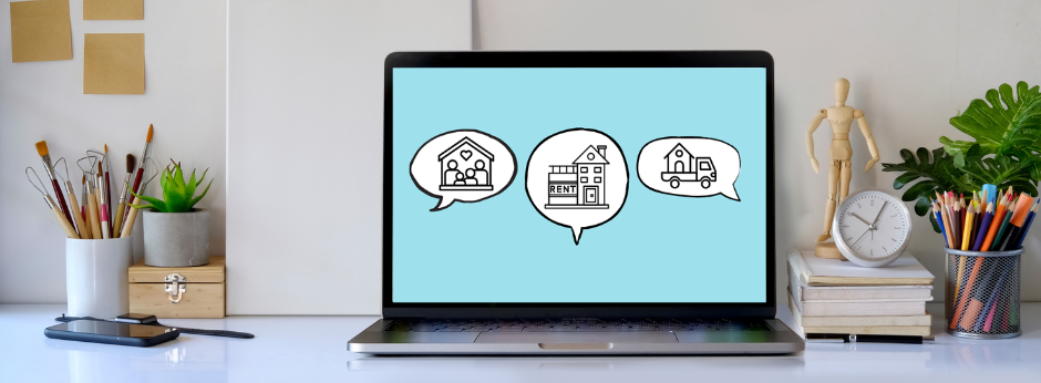 Laptop on a desk displaying three speech bubbles with different house icons against a blue background.
