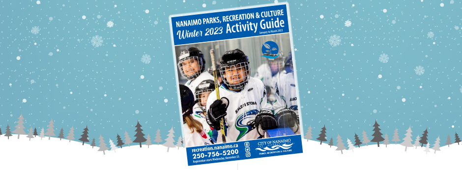 An image of the City of Nanaimo Parks Recreation and Culture Winter Activity Guide over an illustration snowy background.