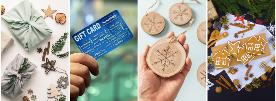 Wrapped gifts with natural decorations like pine branches, cinnamon sticks, and wooden stars on a white surface.