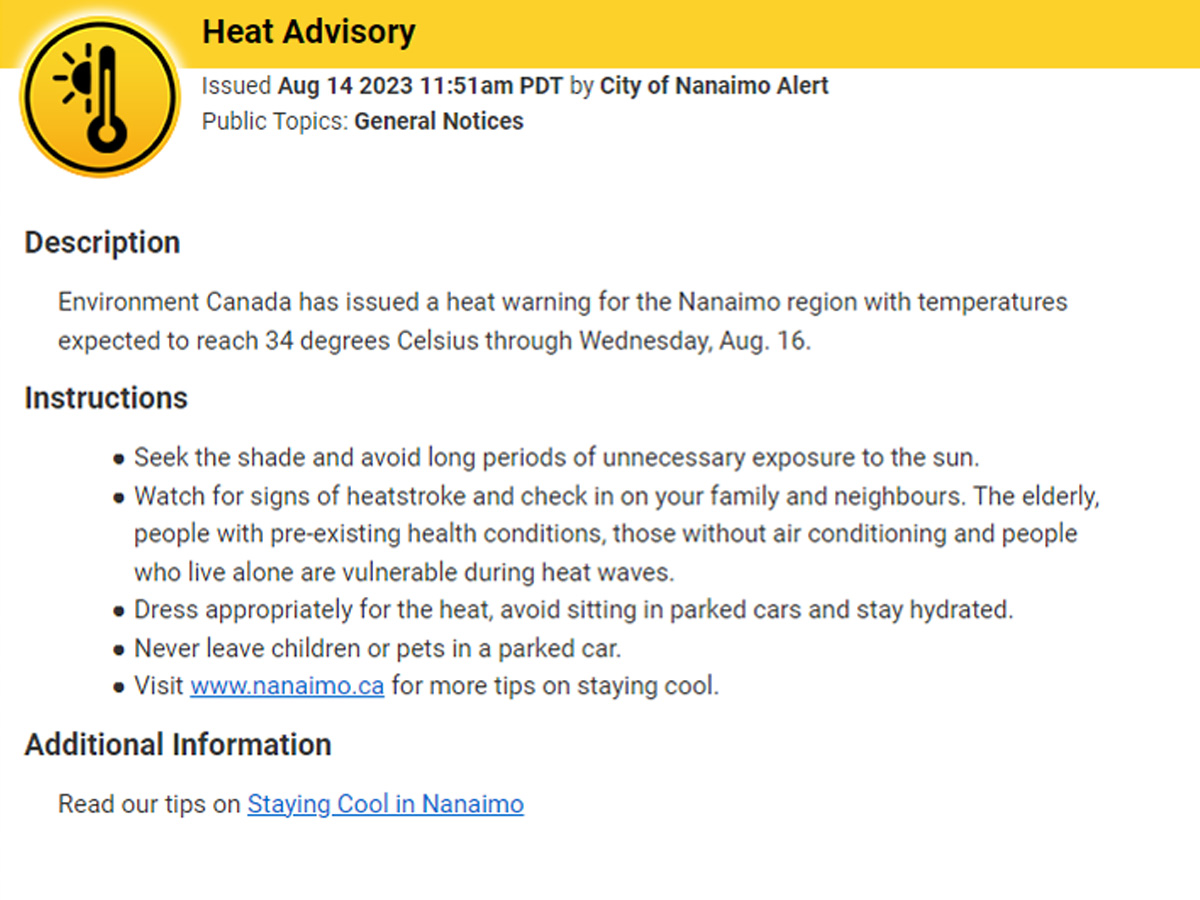 A graphic with heat advisory alert details and instructions