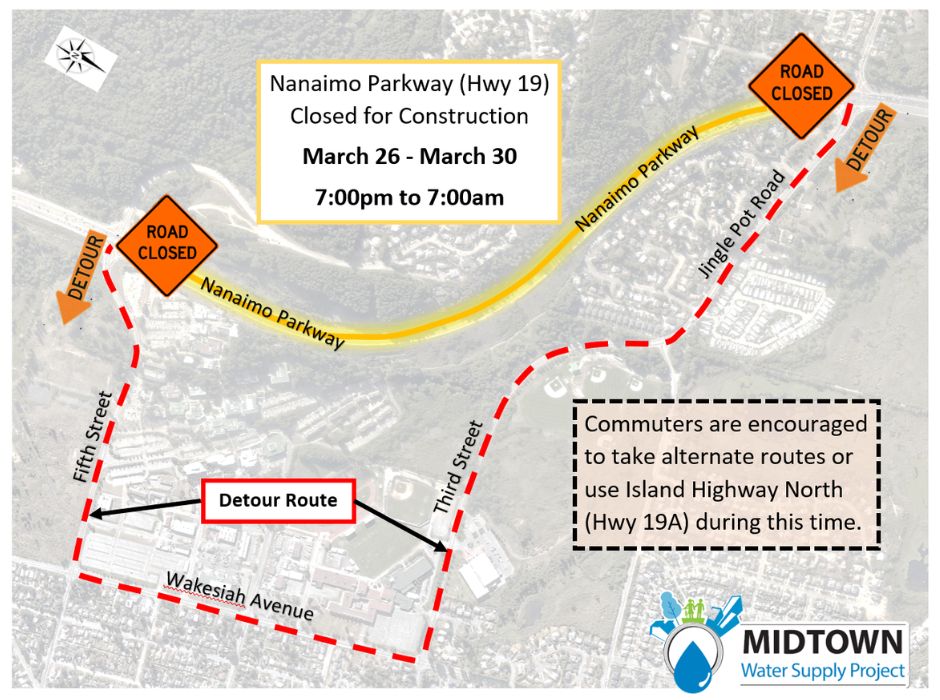 Parkway closure detour route map for Midtown Water Supply project