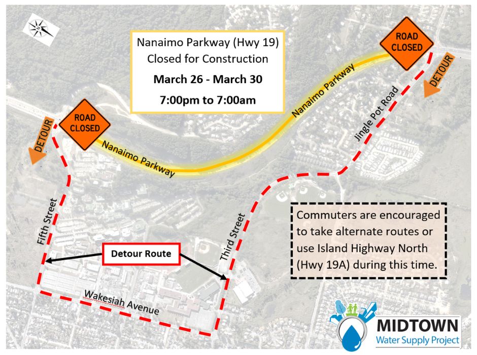 Parkway closure detour route map for Midtown Water Supply project