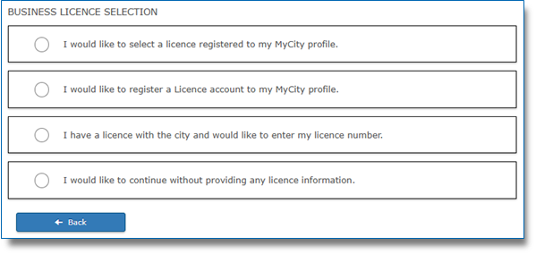 Business License Selection Page screenshot