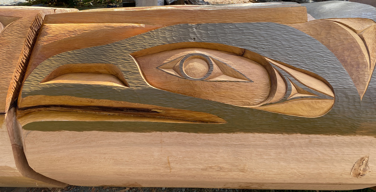 Noel Brown, carving in progress on Welcome Pole for Maffeo Sutton Park, 2021