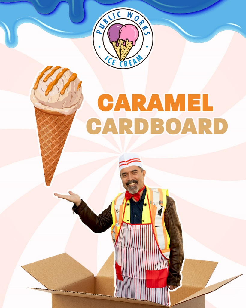 A Public Works employee standing in a cardboard box gestures towards an ice cream cone with the text 