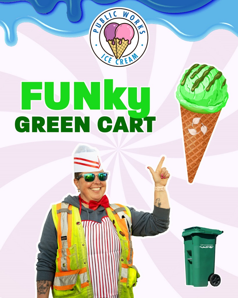 Public Works Ice Cream - FUNky Green Cart a public works employee points to a green ice cream cone near a green composting cart. Titled 'Funky Green Cart'