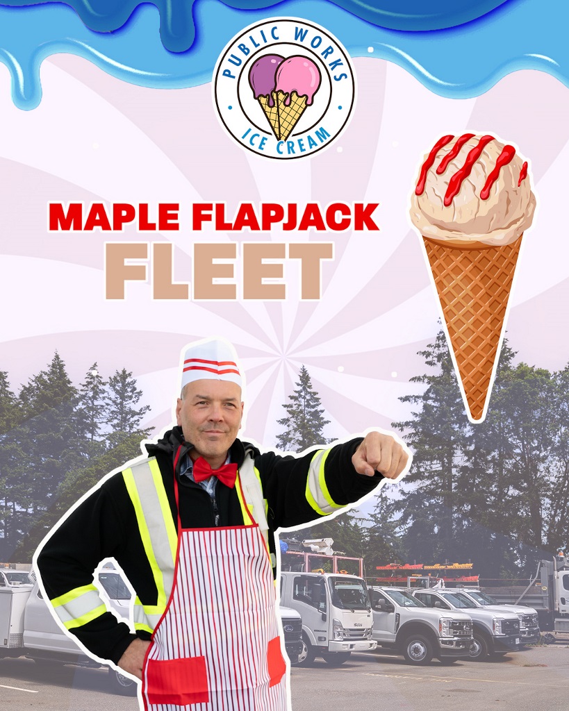 An image featuring a public works employee mimicking driving a truck with an image of an ice cream cone and the title Maple Flapjack Fleet