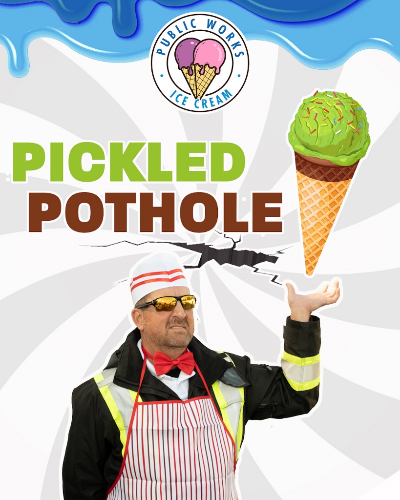 A Public Works Ice Cream vendor has a disgusted look on his face as he presents the flavour Pickled Pothole