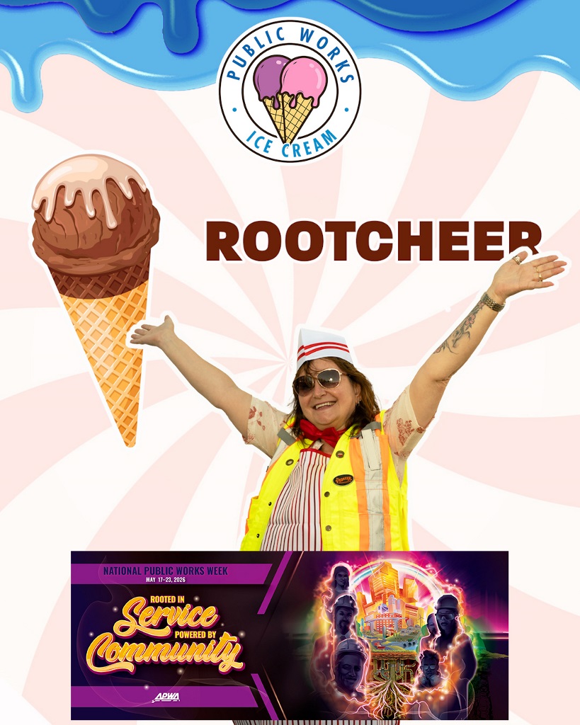 A Public Works Ice Cream vendor holds her arms up in celebration with an image of a rootcheer flavoured ice cream cone and a banner that says Rooted in Service, Powered by Community