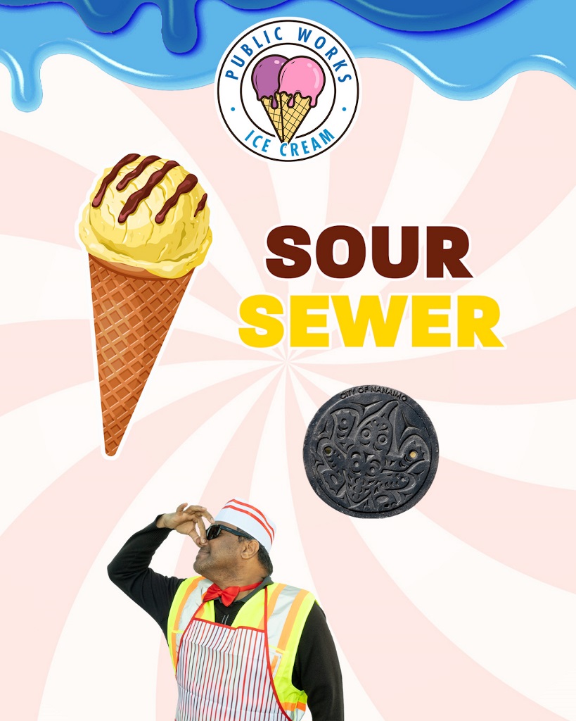 A Public Works ice cream vendor is public his nose as he looks toward the Sour Sewer ice cream cone