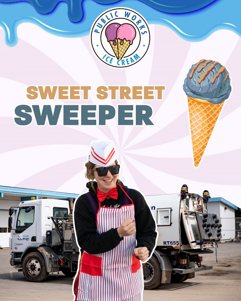 A public works ice cream image featuring an employee pretending to sweep, a grey-blue ice cream cone, and the title Sweet Street Sweeper