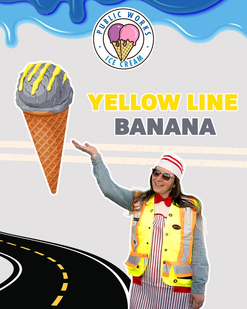 A Public Works employee points to a grey ice cream cone with yellow flavour stripes with the text