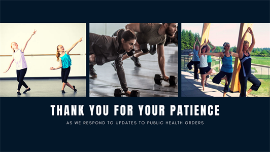 Fitness Collage - NOV PHO Orders Picture Collage of two kids doing ballet, two people doing a HIIT class, and a group of people doing yoga