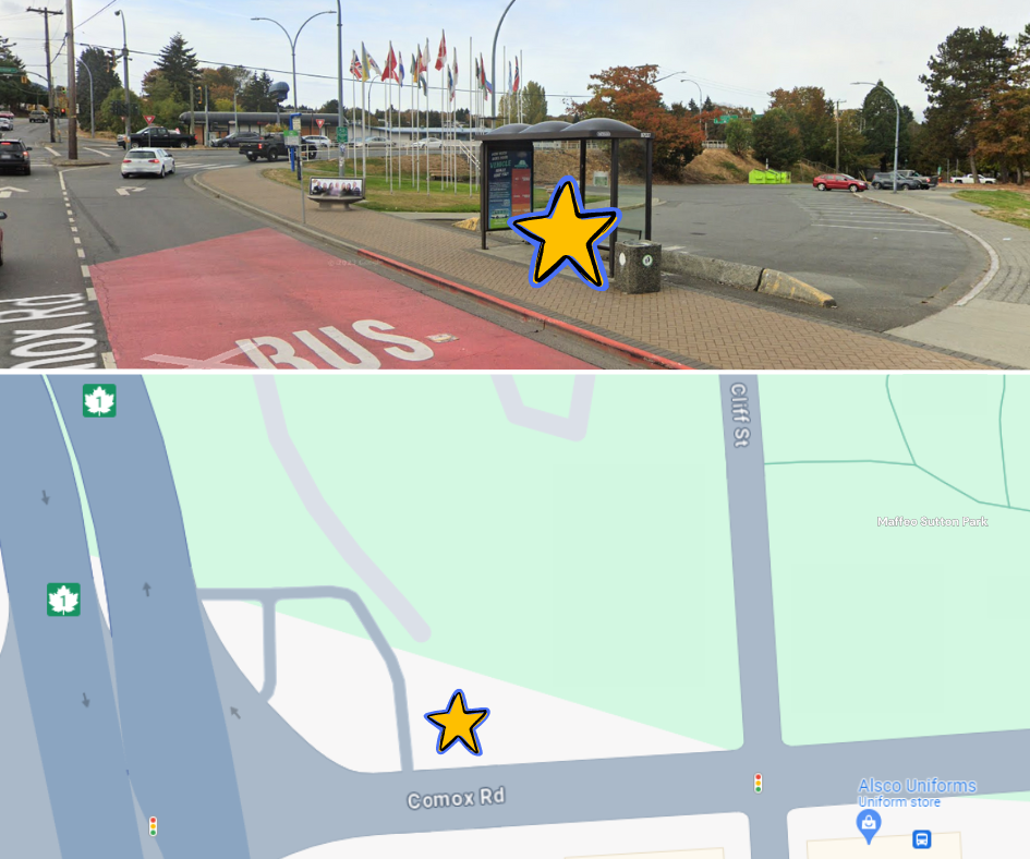 Maffeo Sutton Park image of map and of the bus stop at Maffeo Sutton Park