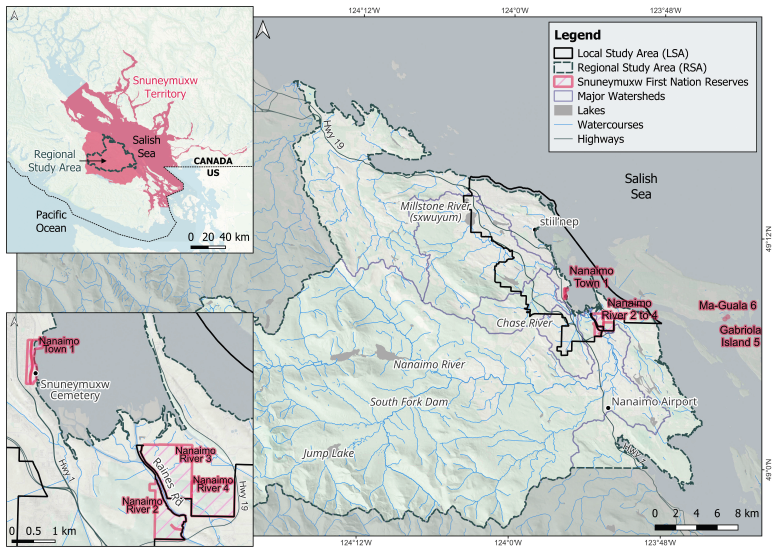 Pigure 2.1 Project area with local study area (LSA) and regional study area (RSA) boundaries, alonng with Snuneymuxw Territory (provided by SFN) and First Nation Reserves