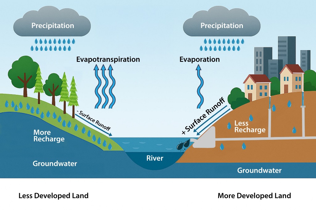 Visual representation of how precipitation impacts groundwater recharge and surface runoff in rural and urban environments.