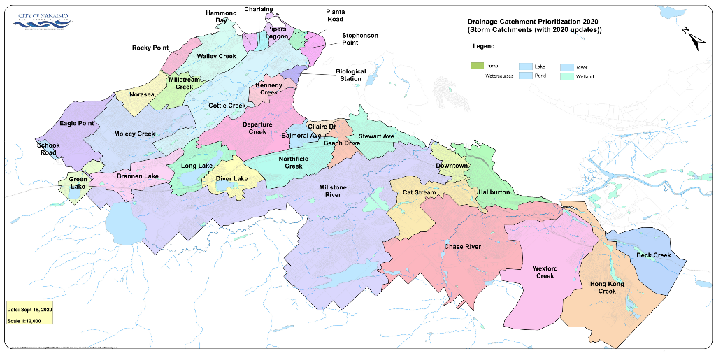 Storm Catchments with Priority Color-coded map showing prioritized storm drainage catchments across a large region with distinct boundaries and labels.