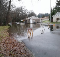 A suburban street is flooded with water reaching up to garages and yards, surrounded by leafless trees and wet grass.