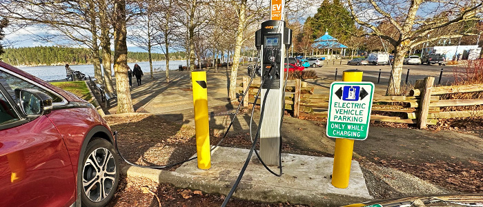 An EV charging station by the waterfront at Maffeo Sutton Park in Nanaimo.