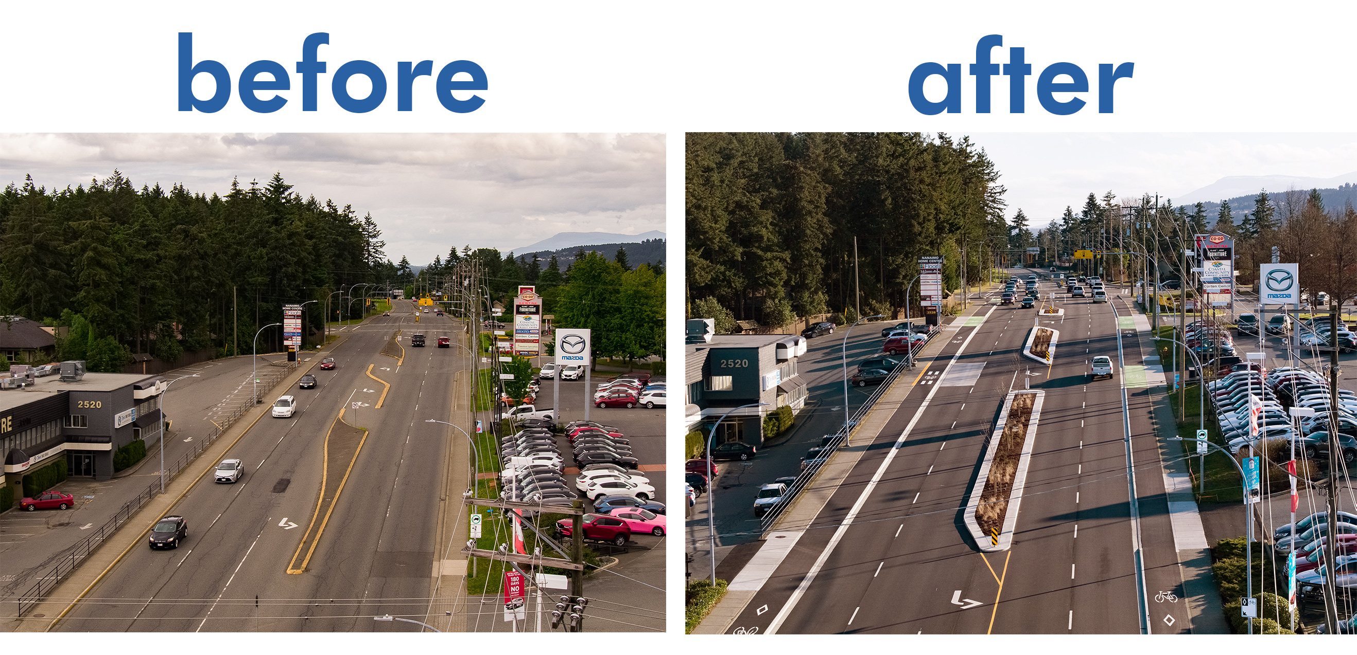 A side by side look of Bowen Road before and after updates