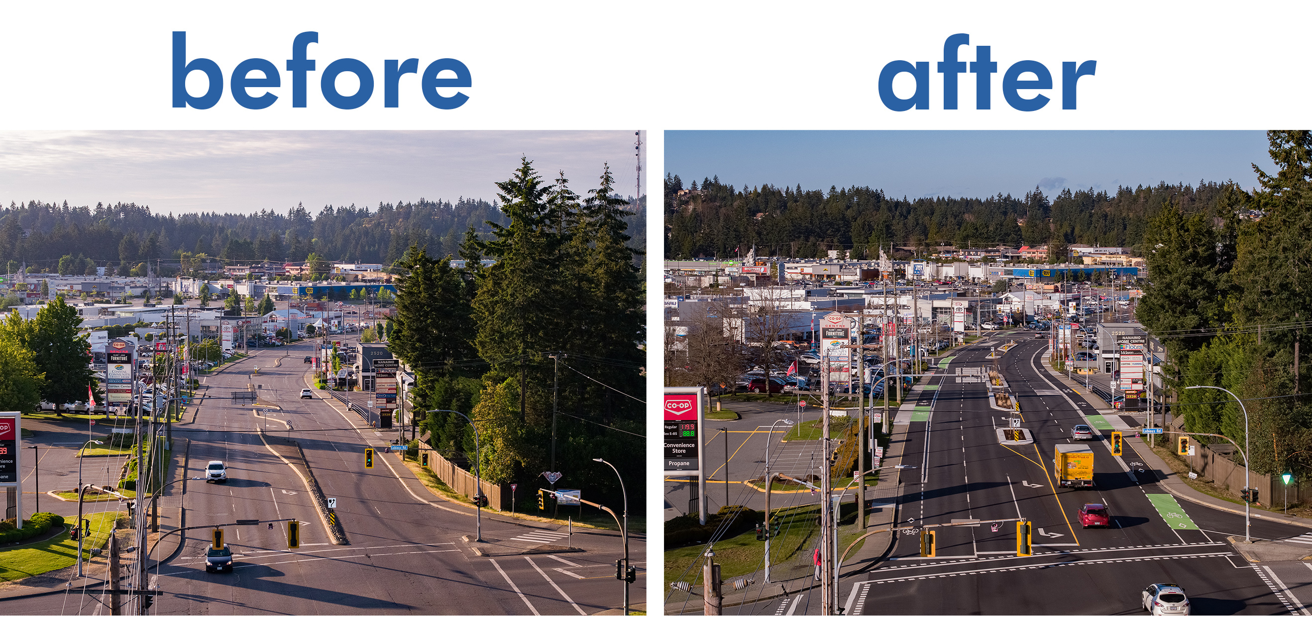 A side by side look of Bowen Road before and after updates
