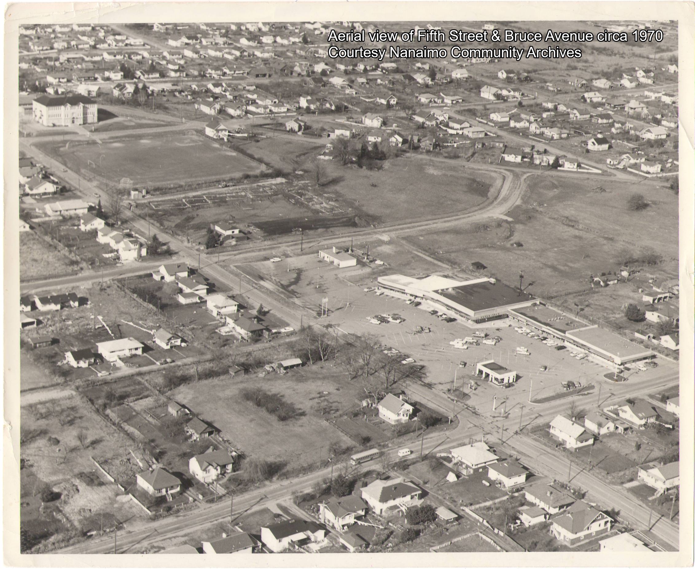 Aerial view of Fifth Street & Bruce Avenue circa 1970 - Courtesy Nanaimo Community Archives