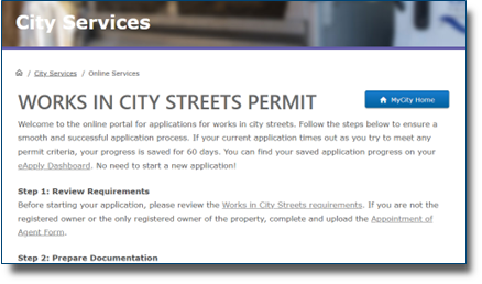 Works in City Streets eApply permit application screenshot