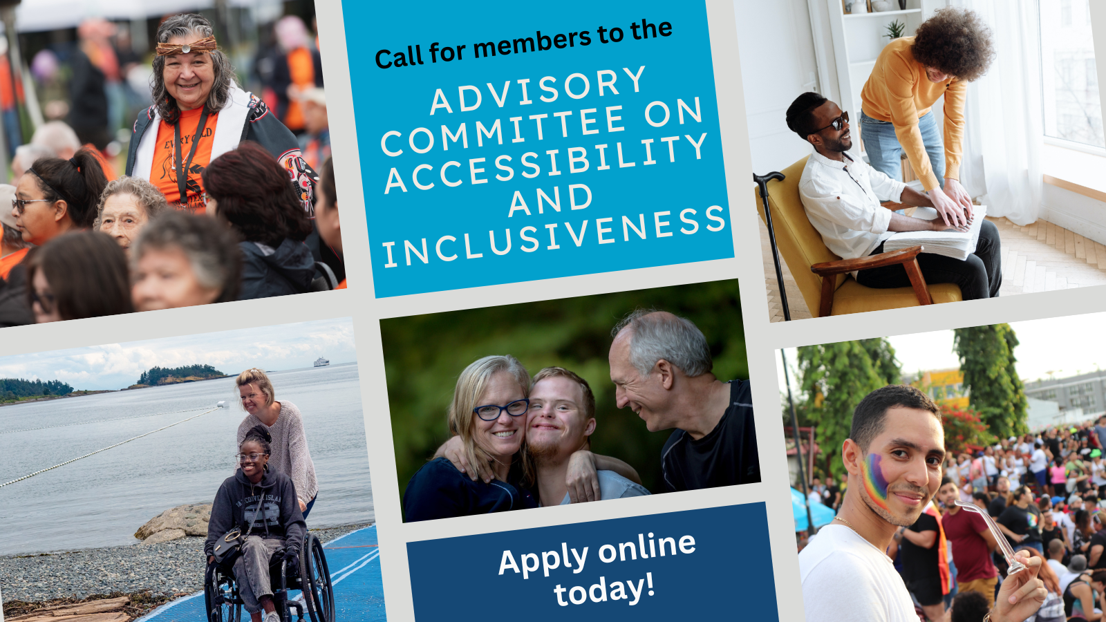 Photo collage of diverse peoples representing indigenous, visually impaired, 2SLGBTQ+, wheelchair user and developmental disability