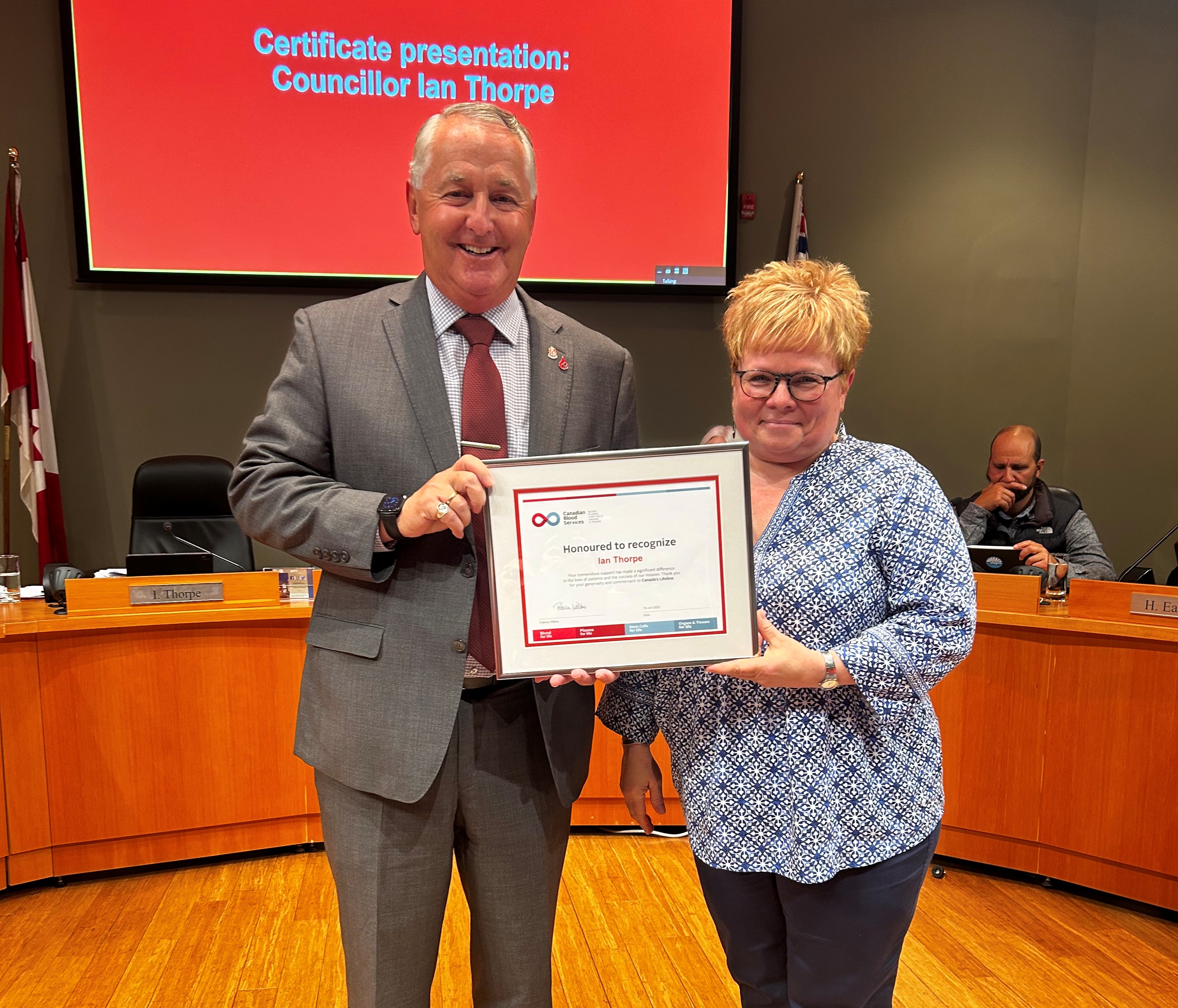 Councillor Ian Thorpe presented with certificate of recognition from Canadian Blood Services