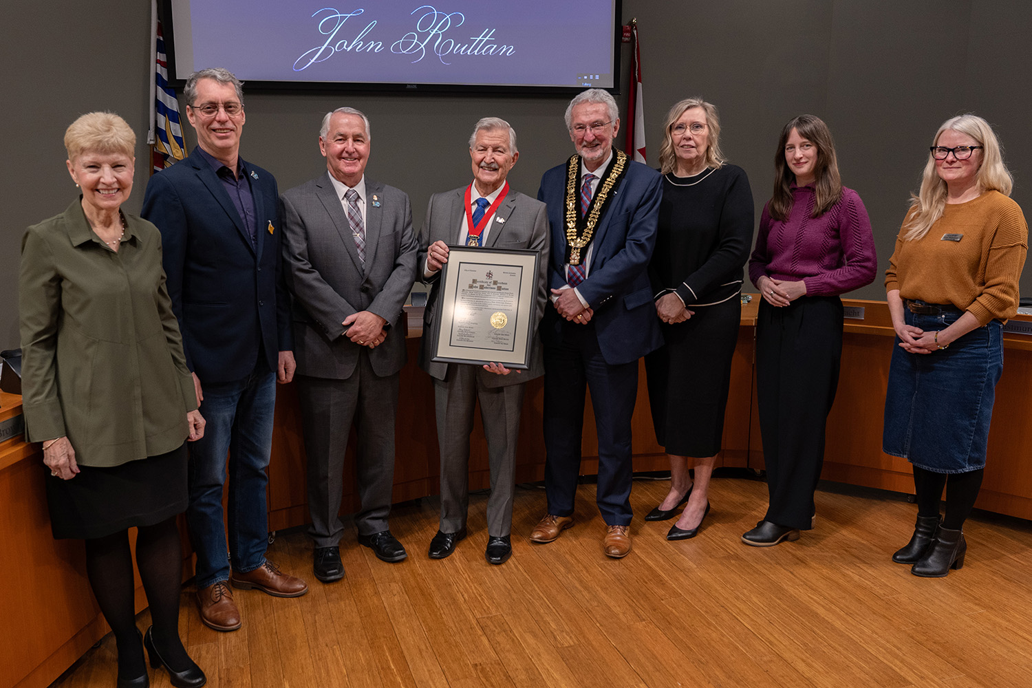 Mayor Krog and members of Nanaimo Council present John Ruttan with the Freedom of the City award