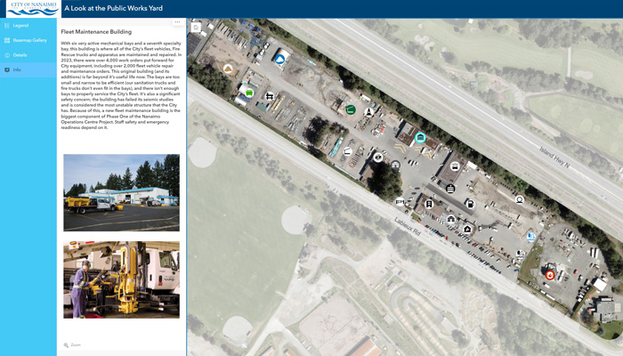 A snapshot of the interactive Public Works Yard showing an overview of the yard, photos and description