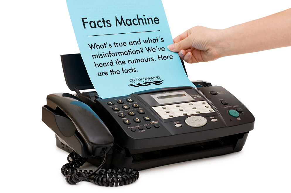 An image of a fax machine with a blue piece of paper that reads 'Facts Machine'