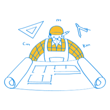 Drawing of a a person looking at a blueprint