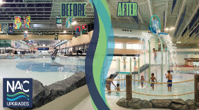 SidebysideimageoftheshallowendoftheNACpoolthefirstimageisofthepoolasitistodaywithoutawaterfeaturethesecondisadigitalrenderingwithamultilevelsplashplaystructureandchildrenplayingonit