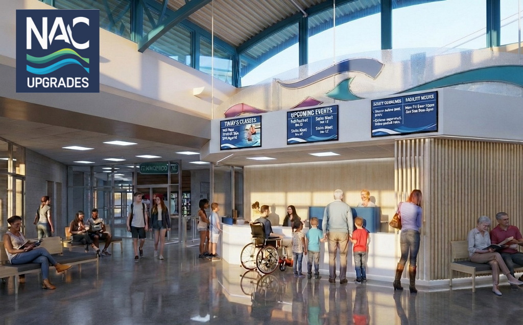 An administrative counter accessible to both standing and seated patrons.  An open, fresh lobby space.