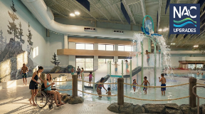 DigitalrenderingoftheNanaimoAquaticCentrewithasplashplayareaandchildrenplayingonamultilevelstructureinashallowpoolTwopeopleinswimsuitsonepushingtheotherinawheelchair